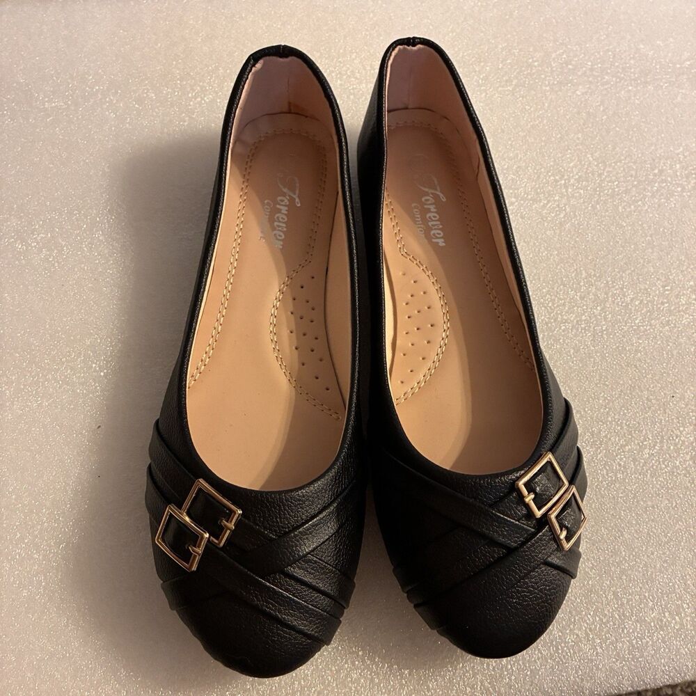 Forever Comfort Women’s Black Slip On Ballet Style Flats W/ Decor Buckles Sz 7.5